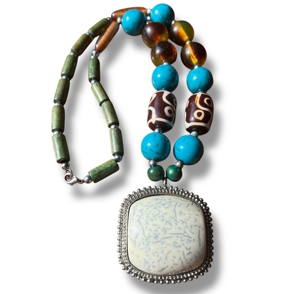 Statement Blue and Brown Beaded Necklace Wood Beads - Picture 5 of 10